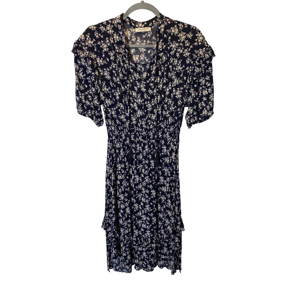 Calista Floral Midi Dress Womens Small Navy Blue Ruffle Boho Romantic Summer